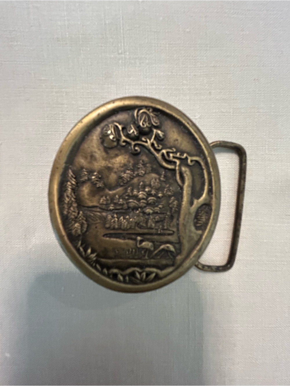 Vintage Indiana Metal Craft Brass Scenic Belt Buckle - Oval Nature Motif